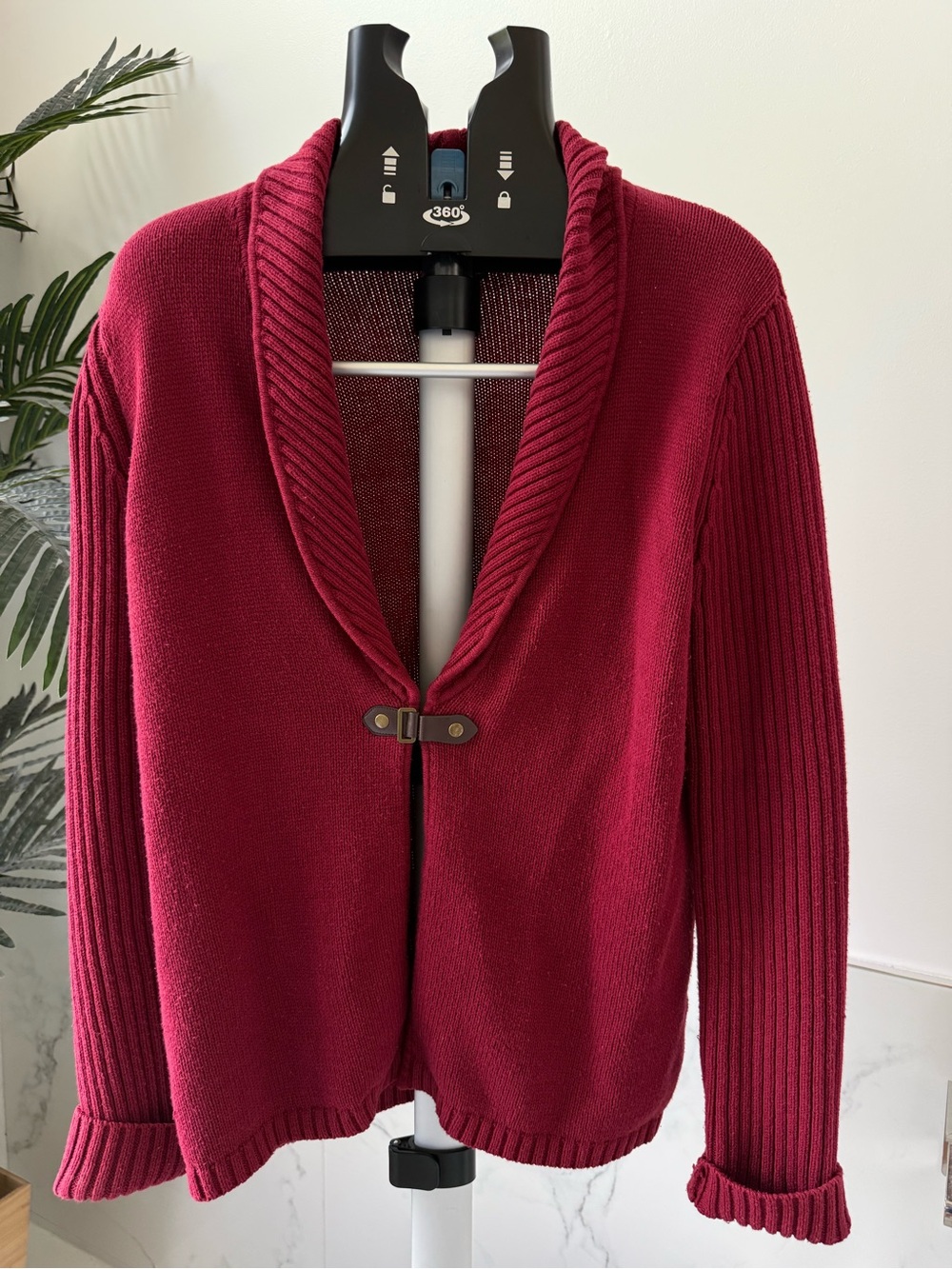 Jones New York Signature Ribbed Shawl Collar Toggle Cardigan Berry Red Large
